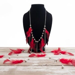 Boho Red Feather & Silver Chain Statement Necklace Native showgirl